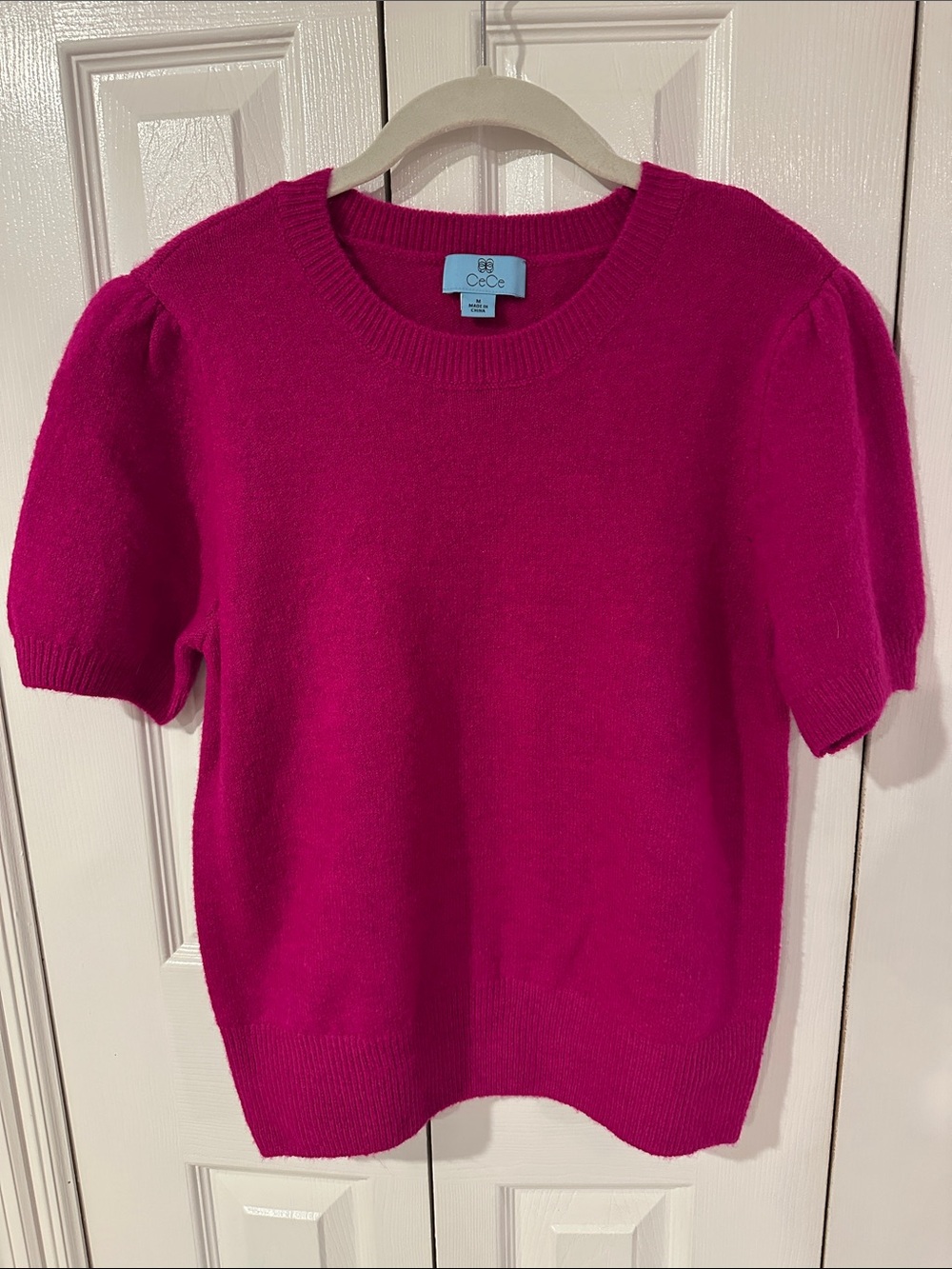CeCe Magenta Short-Sleeve Puff-Sleeve Crewneck Sweater